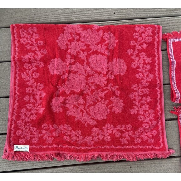 Vintage CANNON Monticello Red Floral Sculpted Fringe Bath & Hand Towel Set MCM - Picture 6 of 16